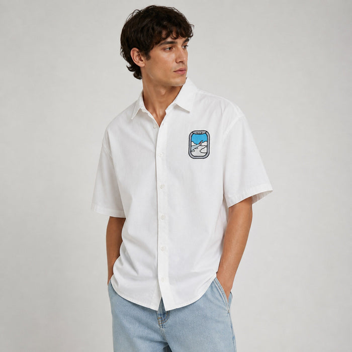 Airplane Into The Clouds Embroidery Oversized Shirt — worn on model, front