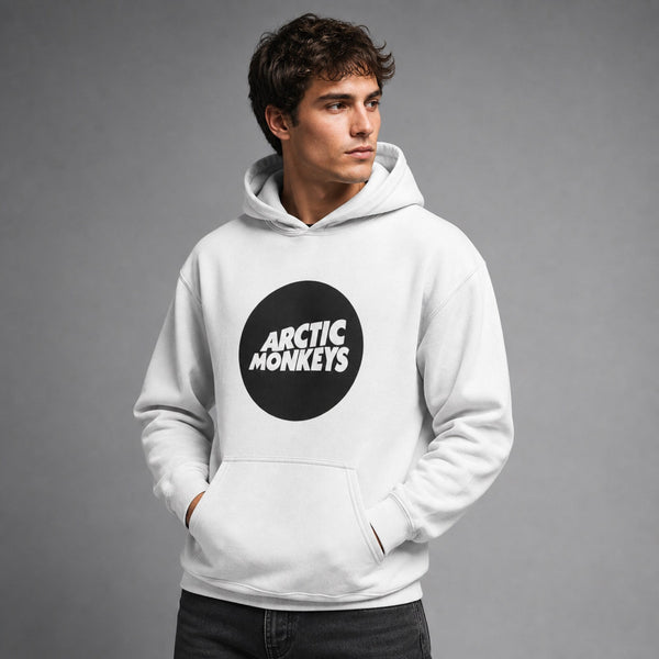 Arctic Monkeys Unisex White Hoodie — worn on model, front
