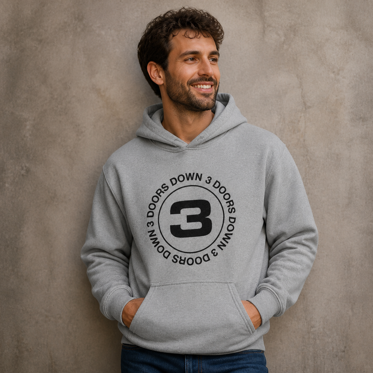 3 Doors Down Melange Grey Hoodie — worn on model, front