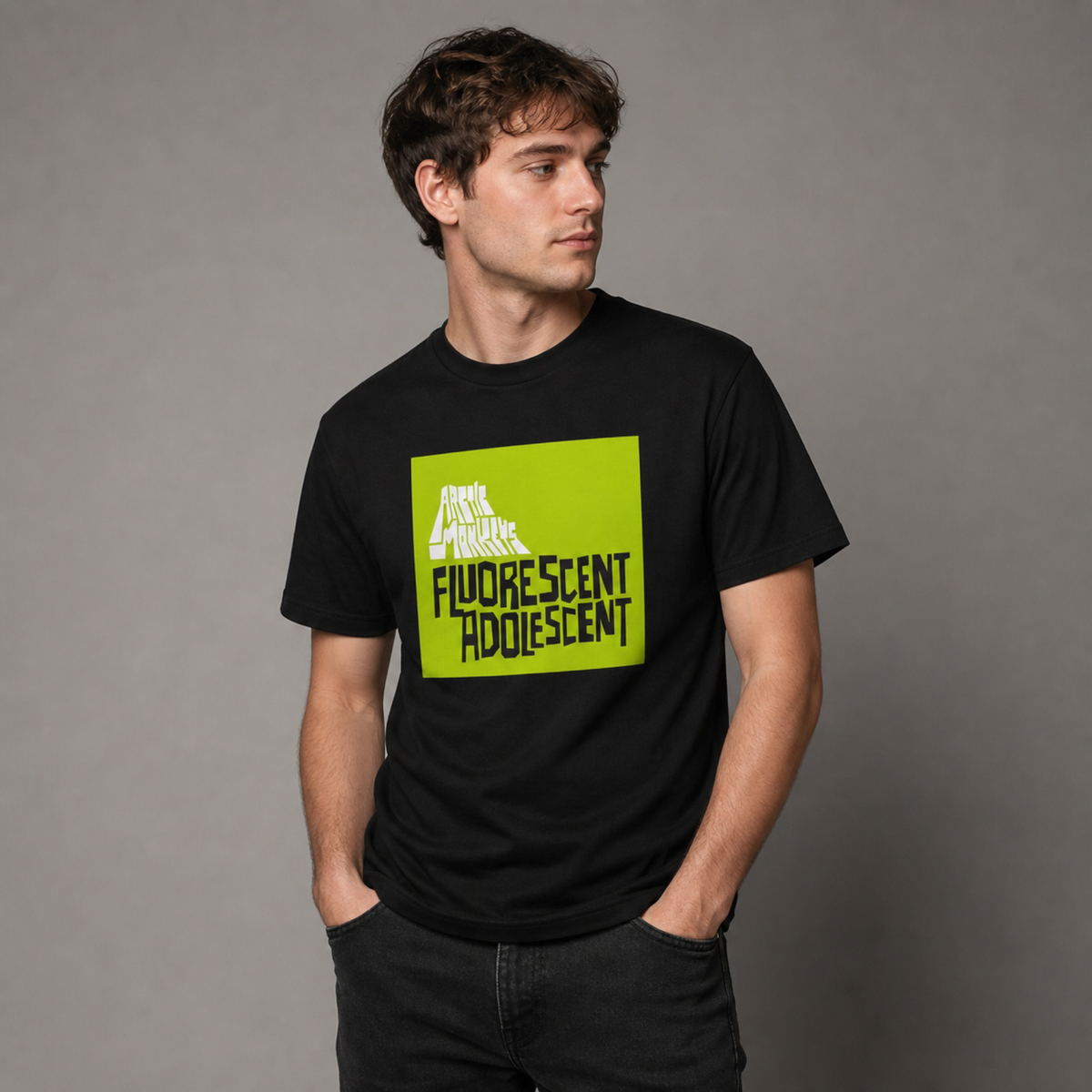 Arctic Monkeys 'Fluorescent Adolescent' Tee — worn on model, front