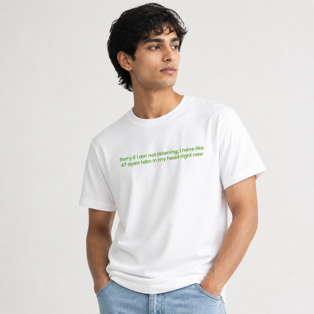 47 Open Tabs In My Head Tee — White — worn on model, front