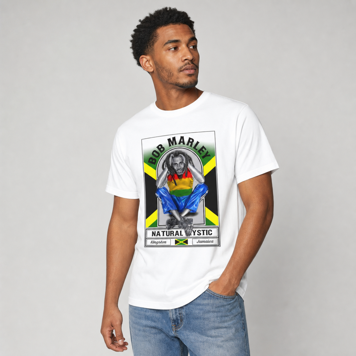 Bob Marley "Natural Mystic" Inspired Unisex Tee — worn on model, front