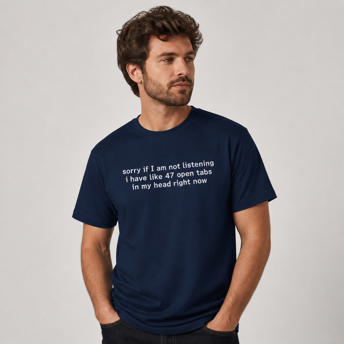 47 Open Tabs In My Head Tee — Navy — worn on model, front