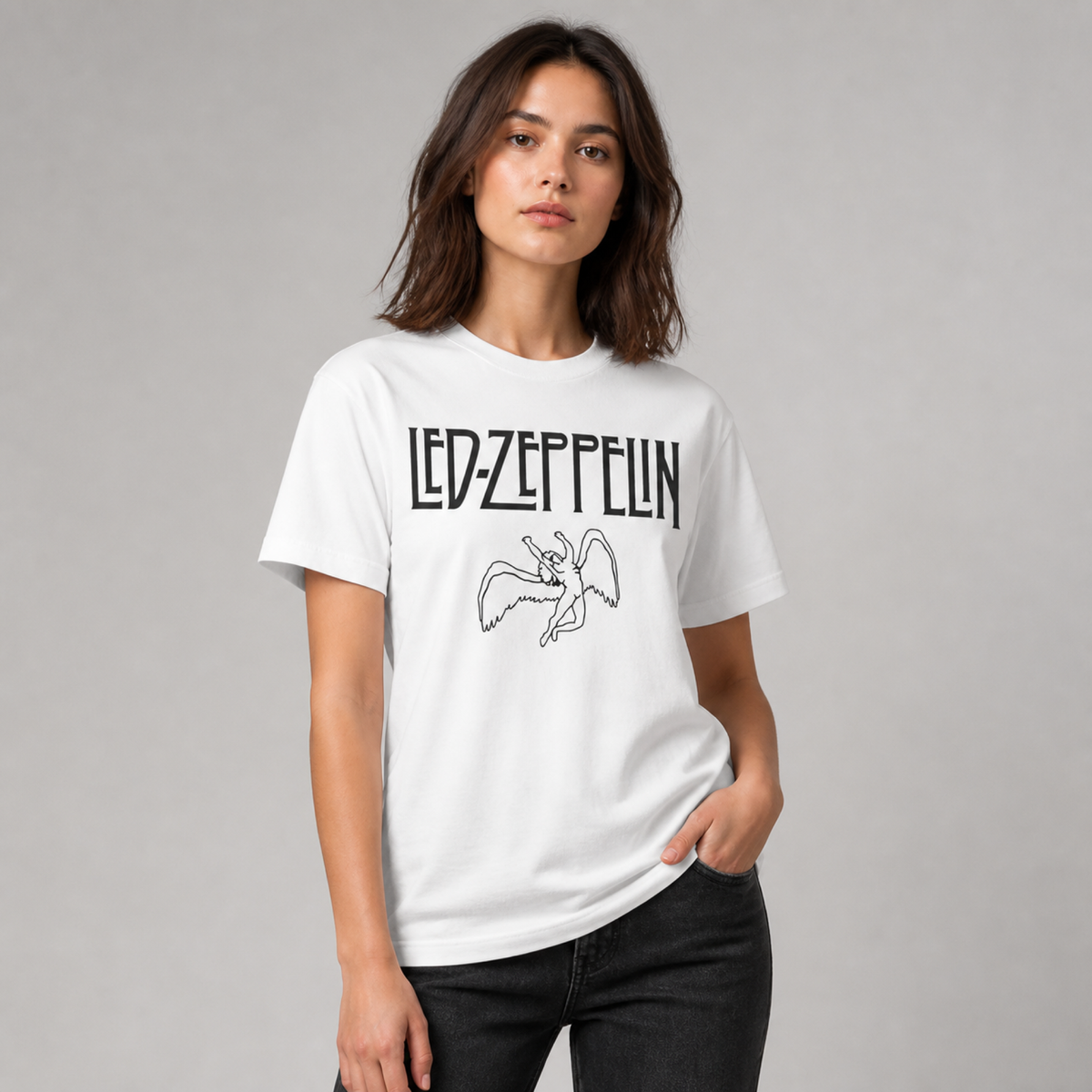 Led Zeppelin Winged Angel Tee — White — worn on model, front
