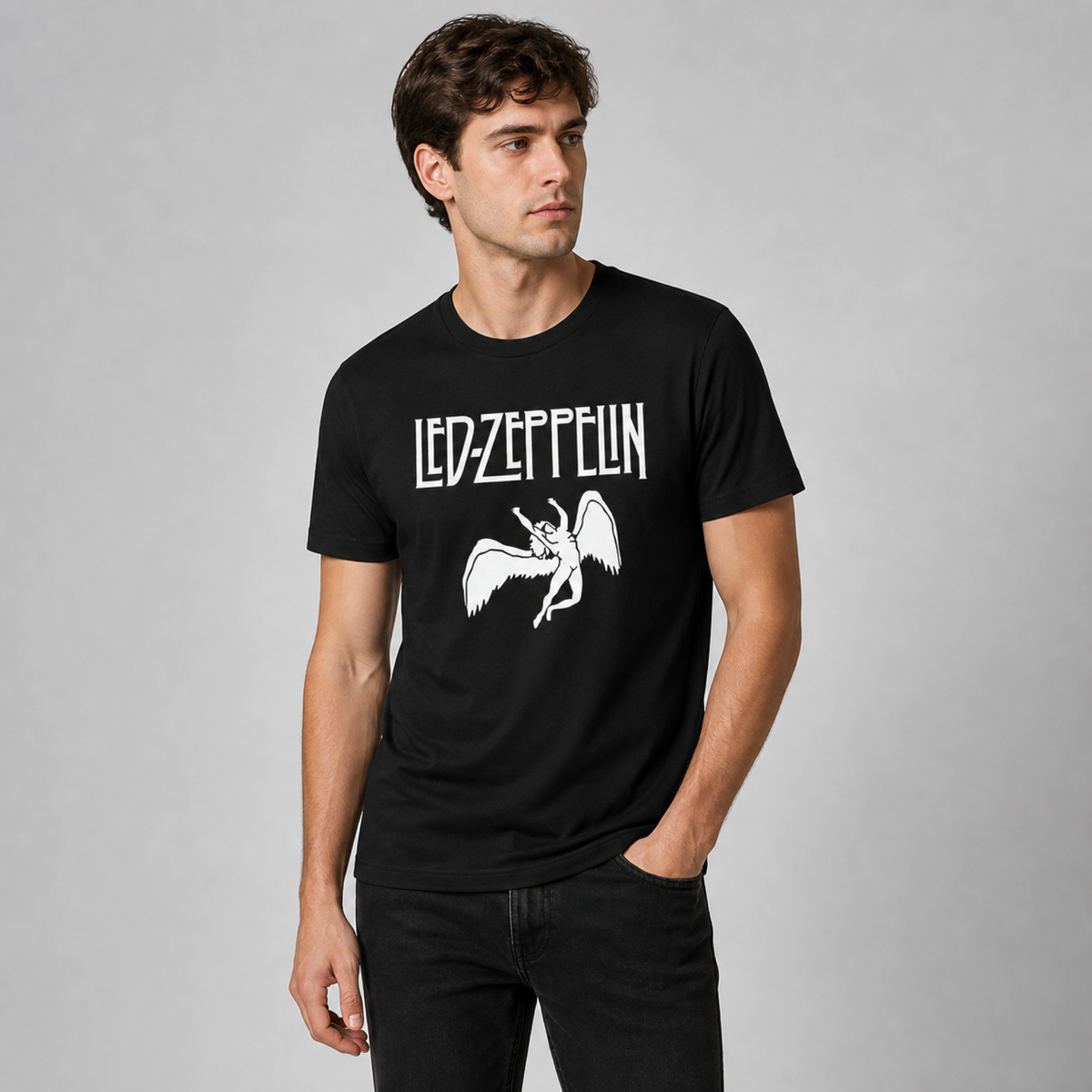 Led Zeppelin Winged Angel Tee — Black — worn on model, front