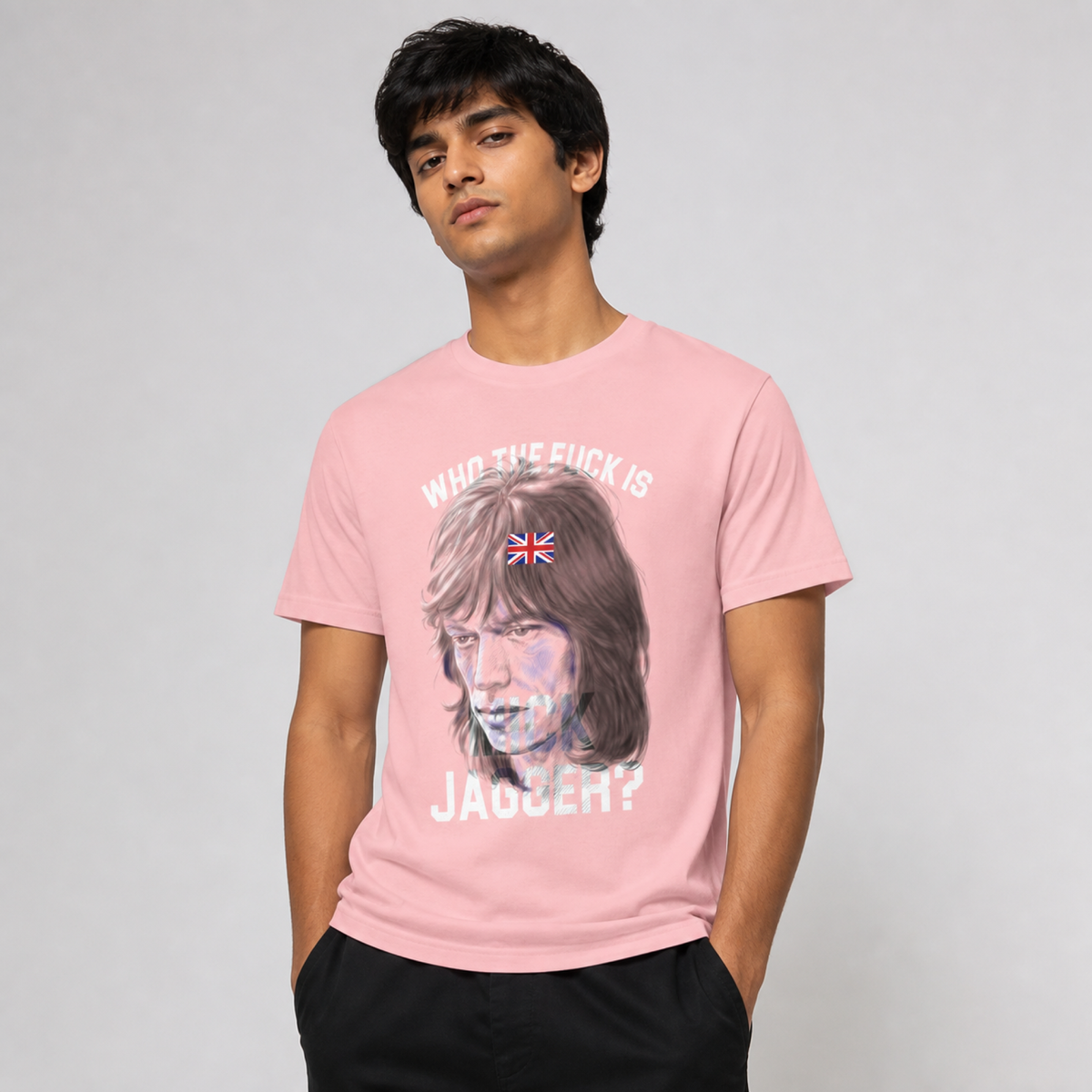 "Who the F*ck is Mick Jagger?" Tee — worn on model, front