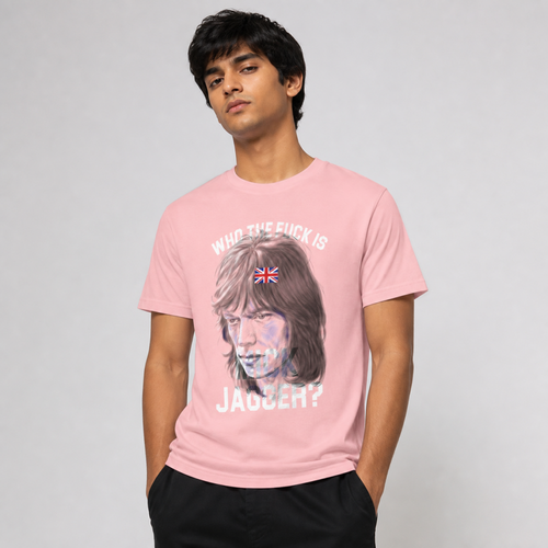 "Who the F*ck is Mick Jagger?" Tee — worn on model, front