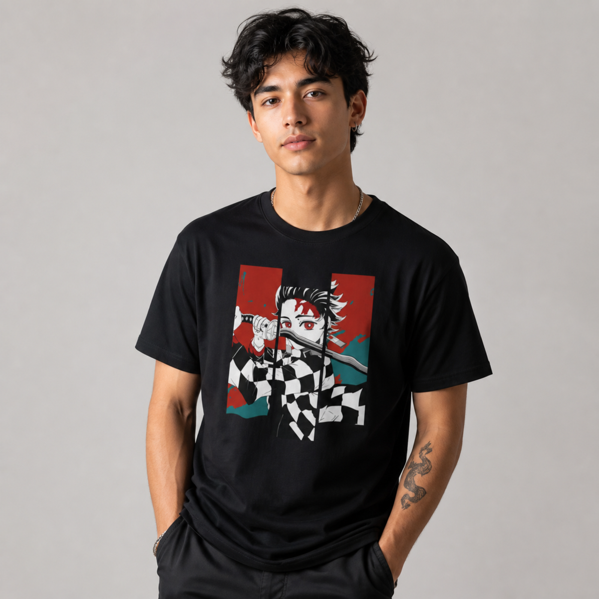 Tanjiro Kamado Panel Art Tee — Black