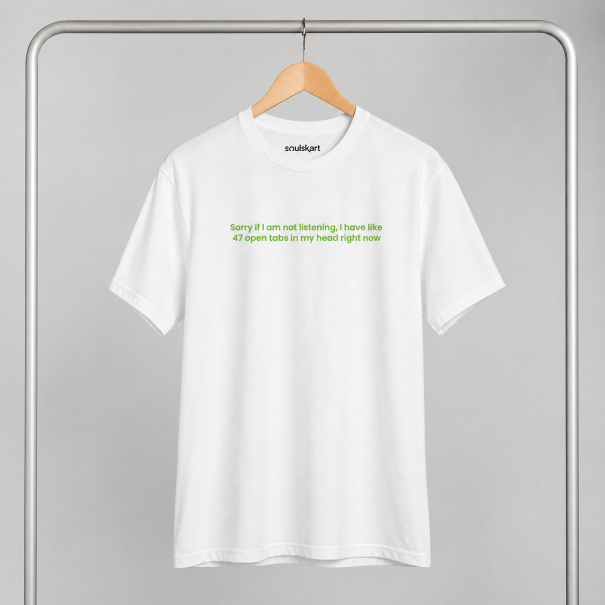 47 Open Tabs In My Head Tee — White — on hanger