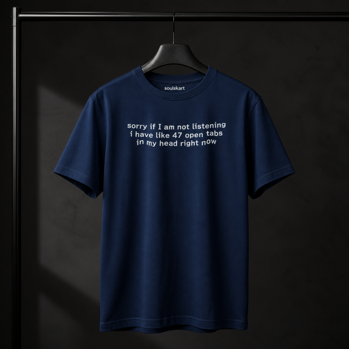 47 Open Tabs In My Head Tee — Navy — on hanger