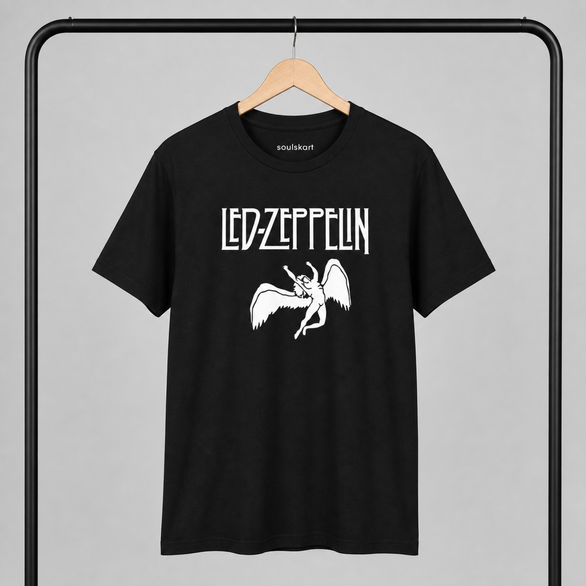 Led Zeppelin Winged Angel Tee — Black — on hanger