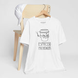 Model wearing Espresso Patronum coffee tee, white unisex