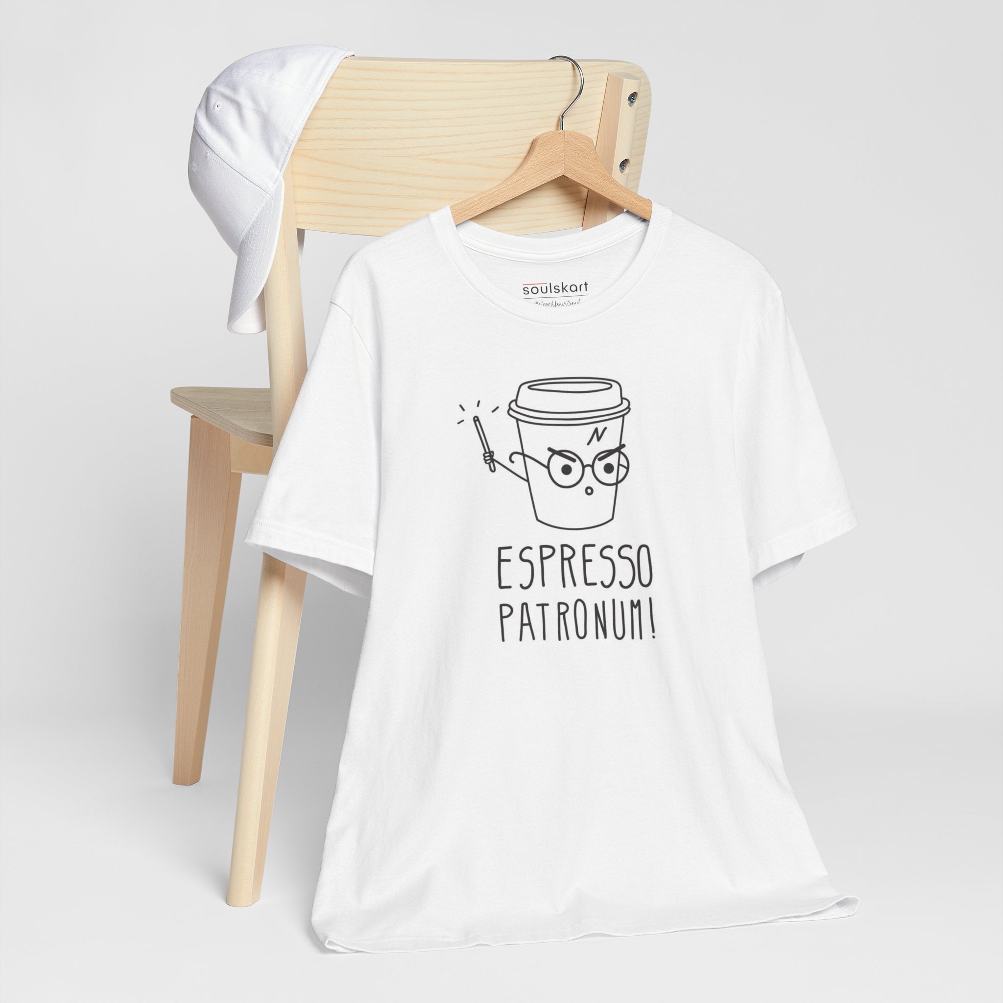 Model wearing Espresso Patronum coffee tee, white unisex