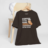 Coffee in One Hand coffee tee side view, brown unisex