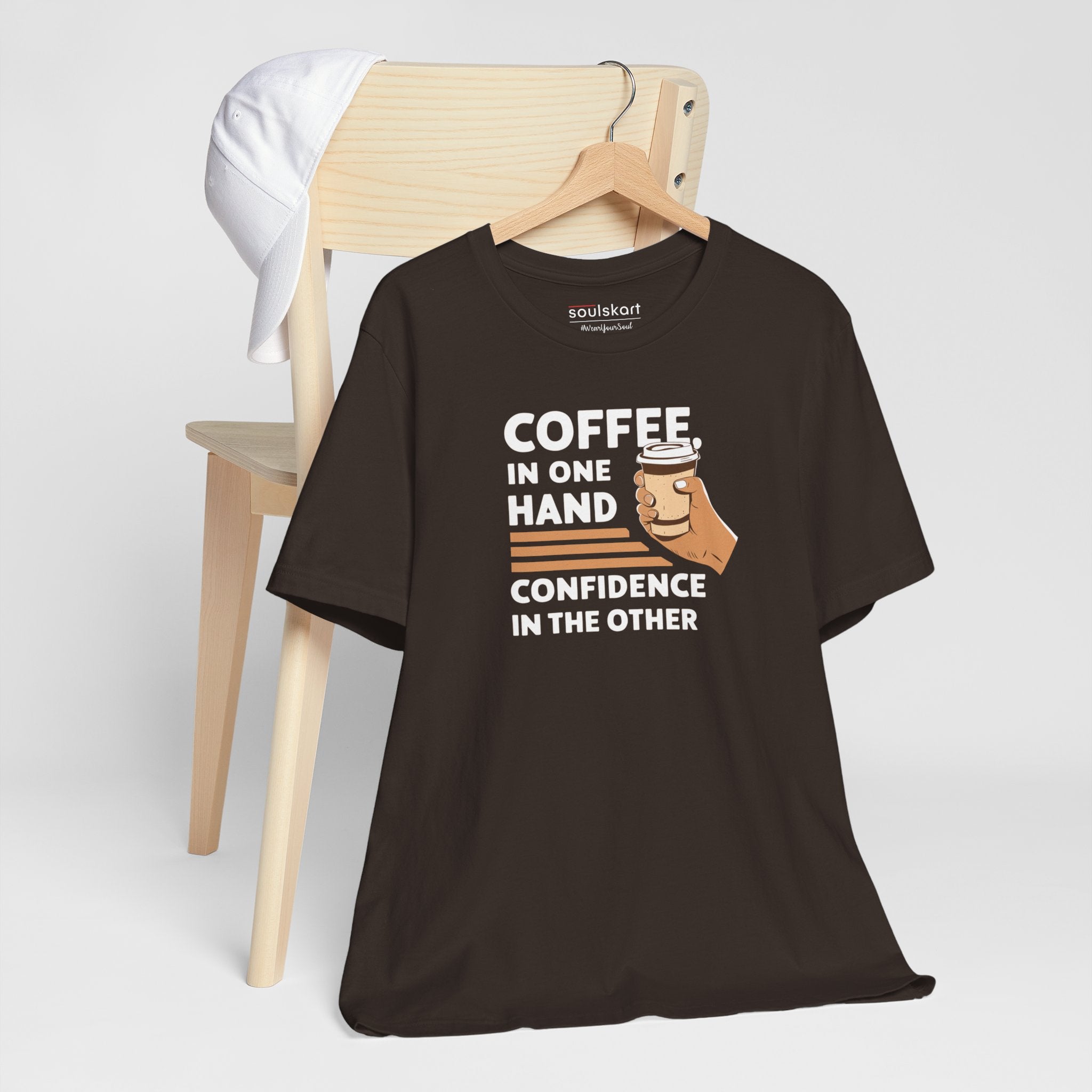 Coffee in One Hand coffee tee side view, brown unisex