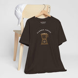 Classic Coffee Vibes coffee tee side view, brown unisex