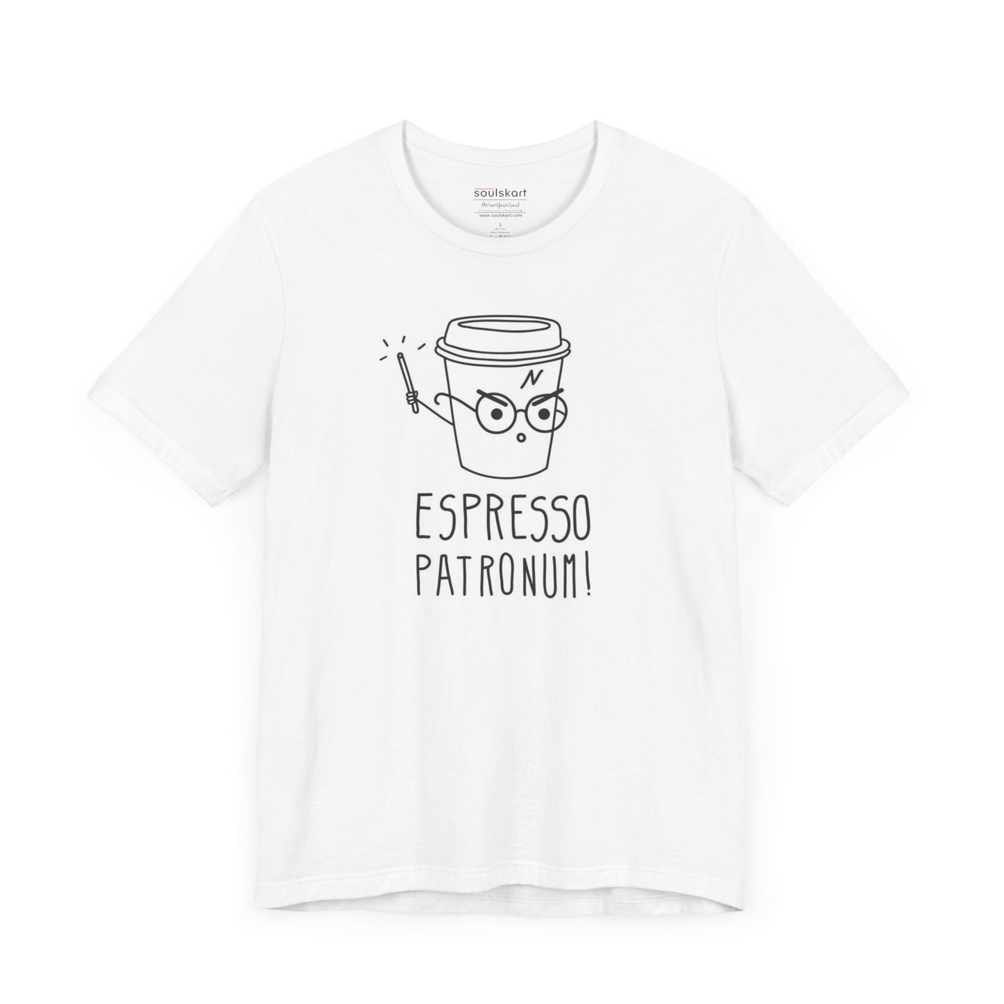Espresso Patronum coffee tee side view, white unisex