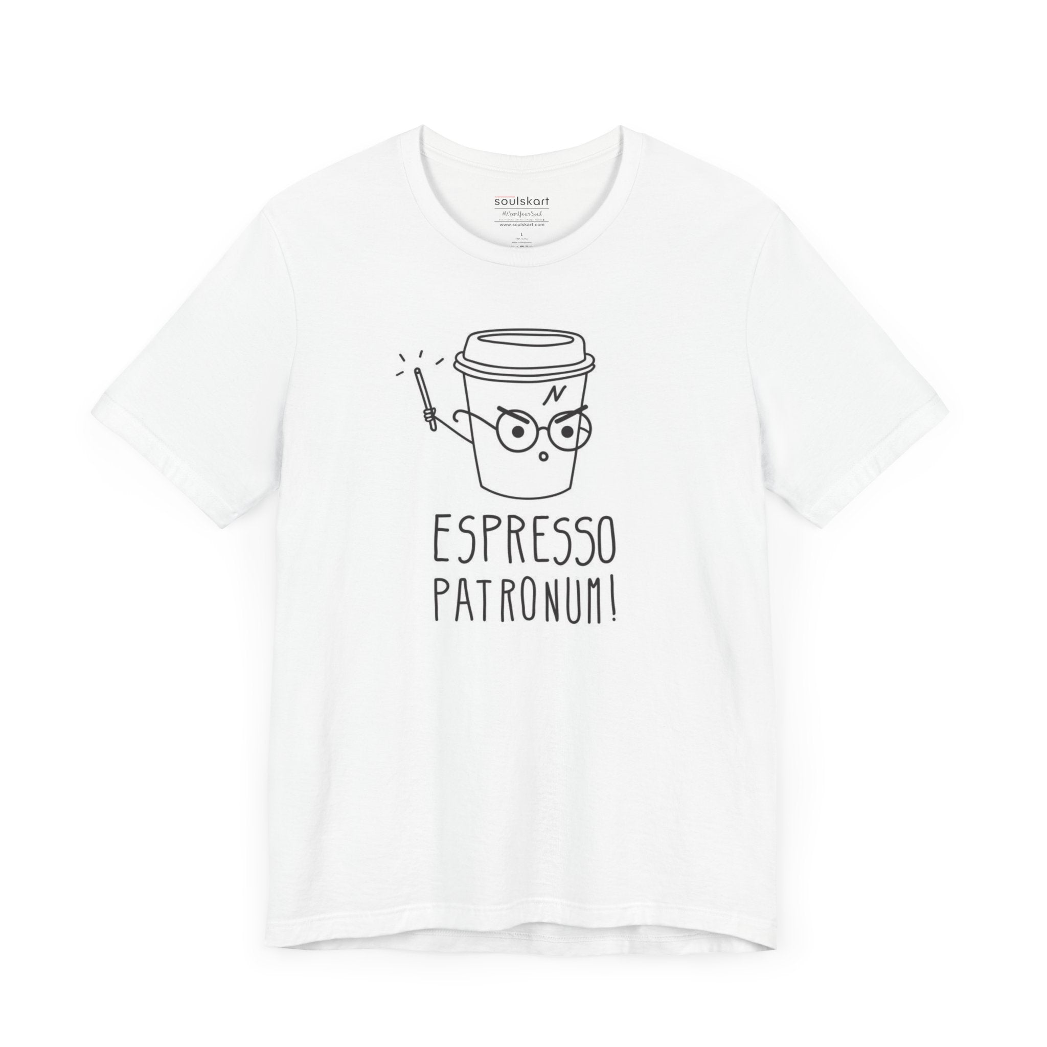 Espresso Patronum coffee tee side view, white unisex