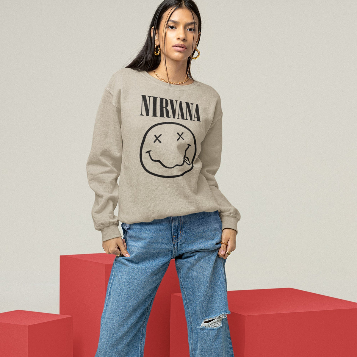 Nirvana Smiley Face Sweatshirt — Sand — product photo 7