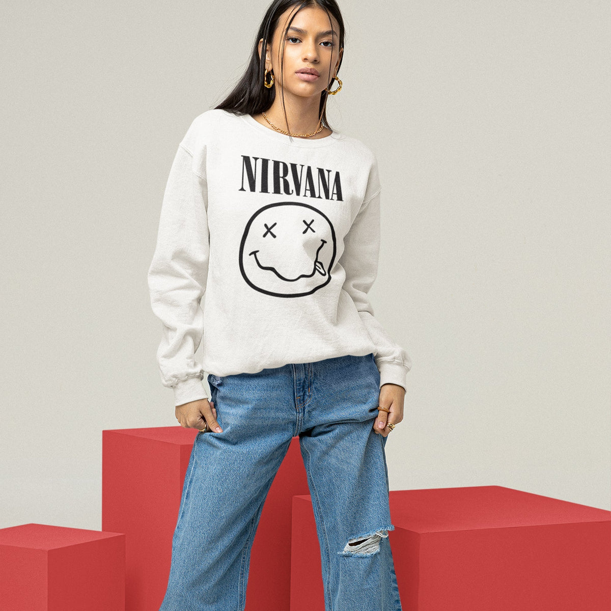 Nirvana Smiley Face Sweatshirt — White — product photo 6