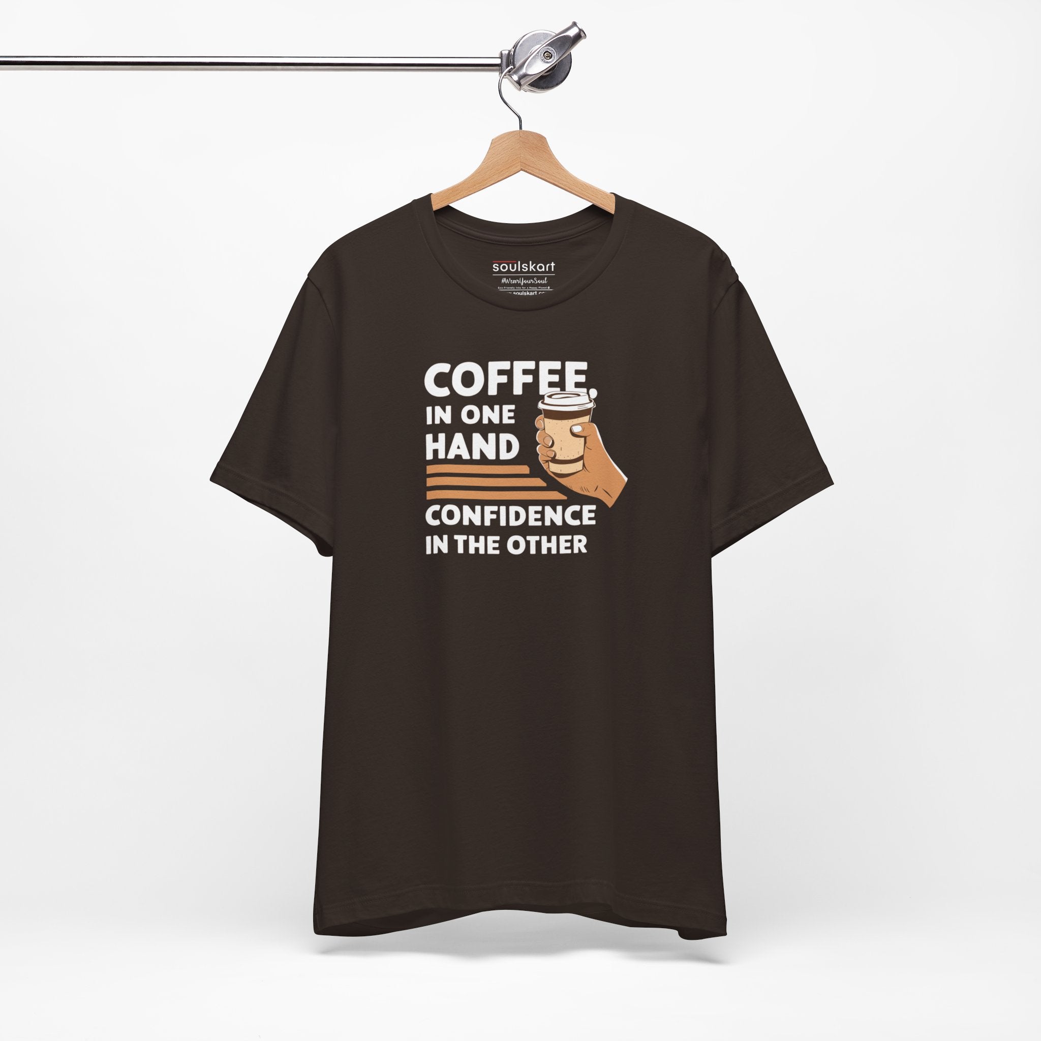 Coffee in One Hand coffee tee back, brown unisex