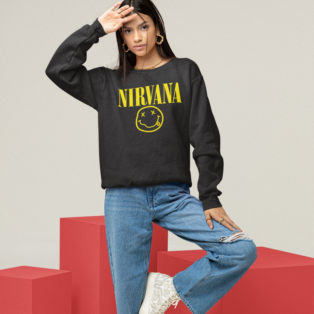 Nirvana Smiley Face Sweatshirt — Black — product photo 6