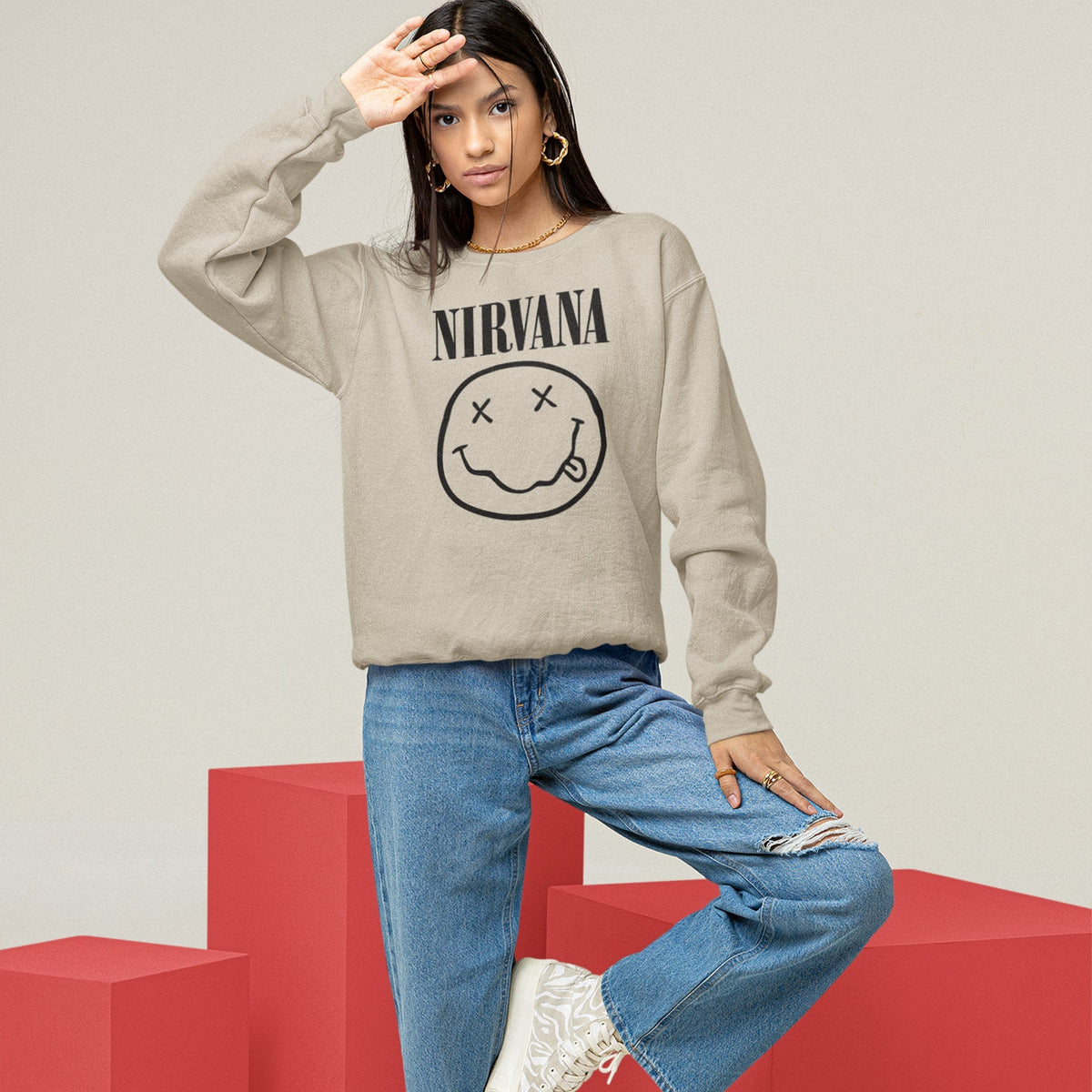 Nirvana Smiley Face Sweatshirt — Sand — product photo 6
