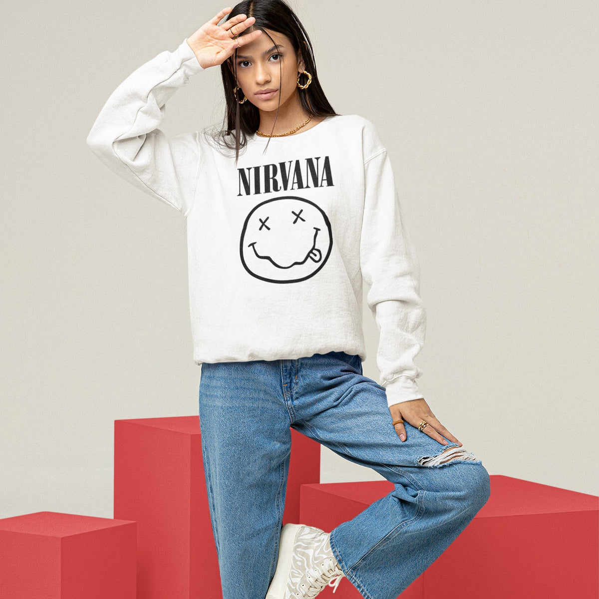 Nirvana Smiley Face Sweatshirt — White — product photo 7