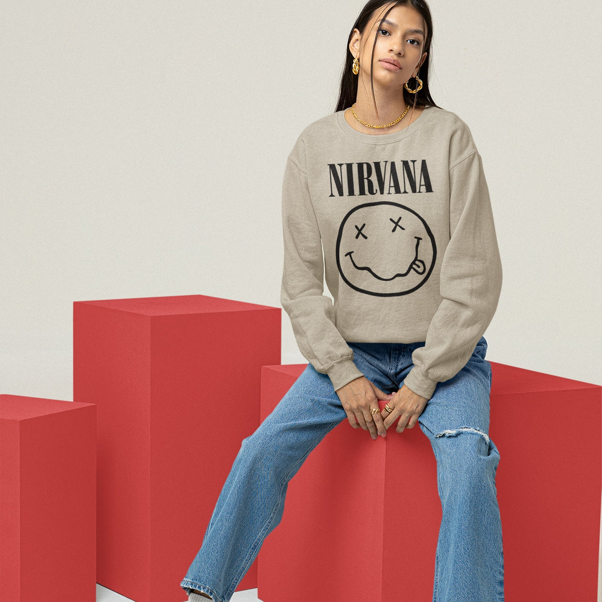 Nirvana Smiley Face Sweatshirt — Sand — product photo 8