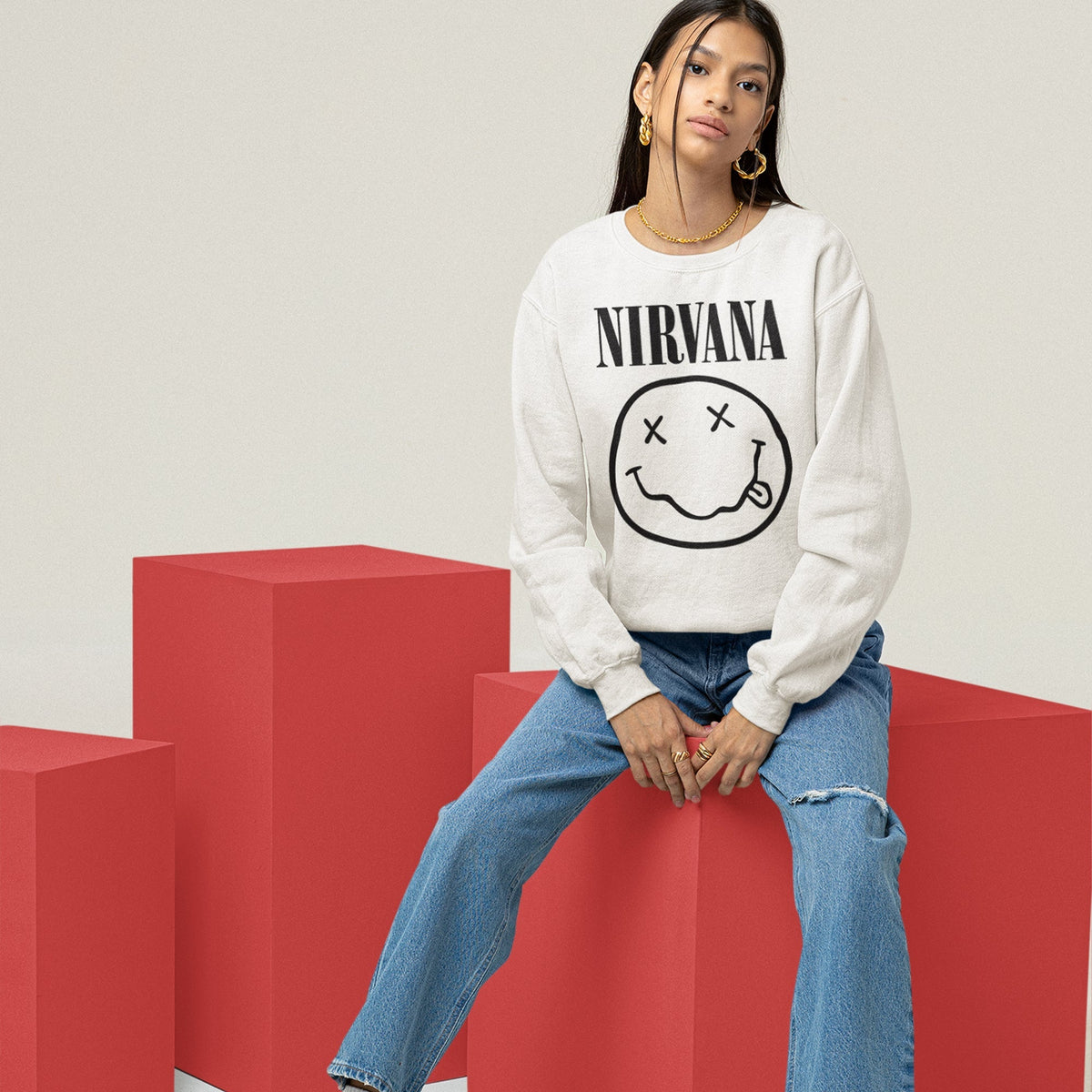 Nirvana Smiley Face Sweatshirt — White — product photo 8