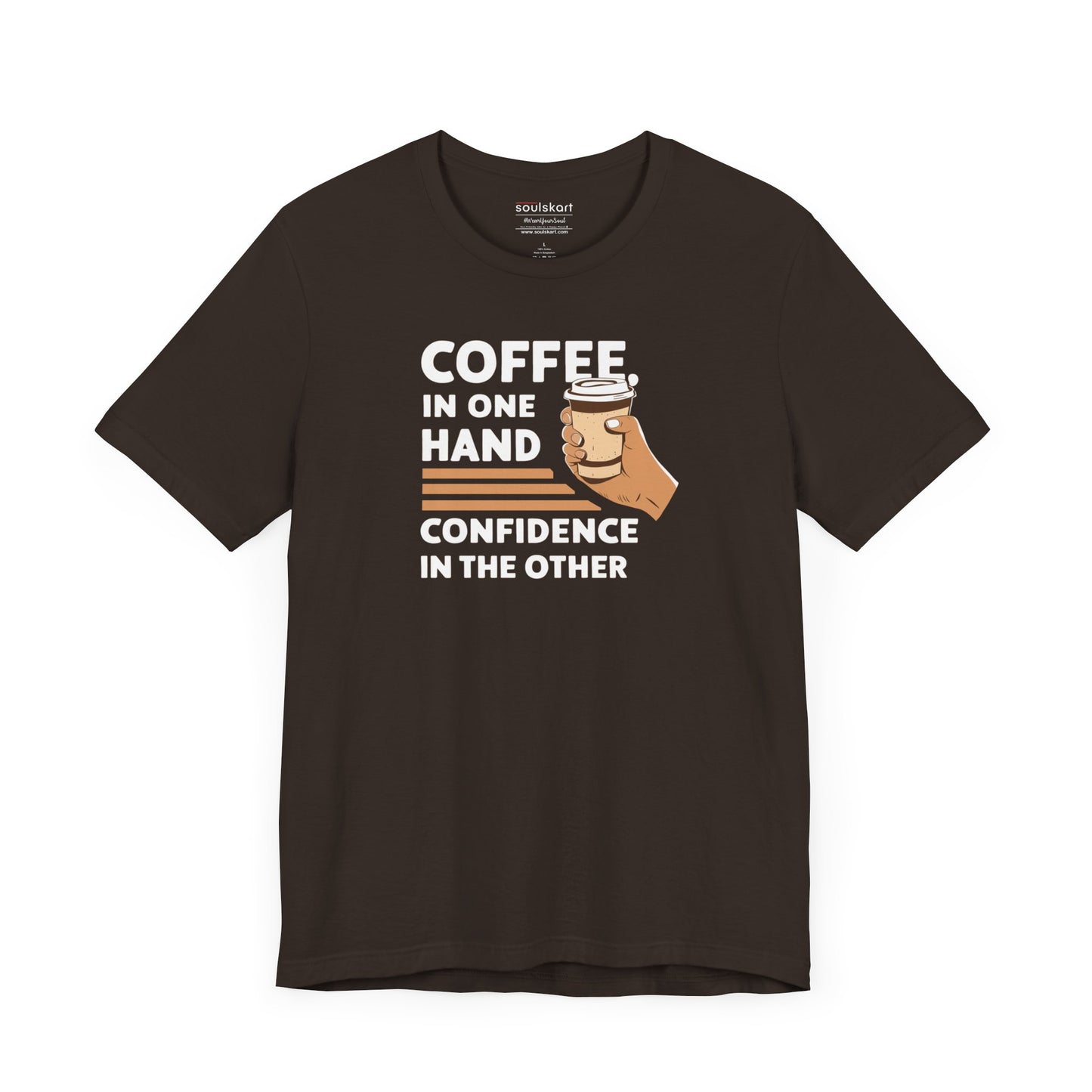 Coffee in One Hand coffee tee front print, brown unisex