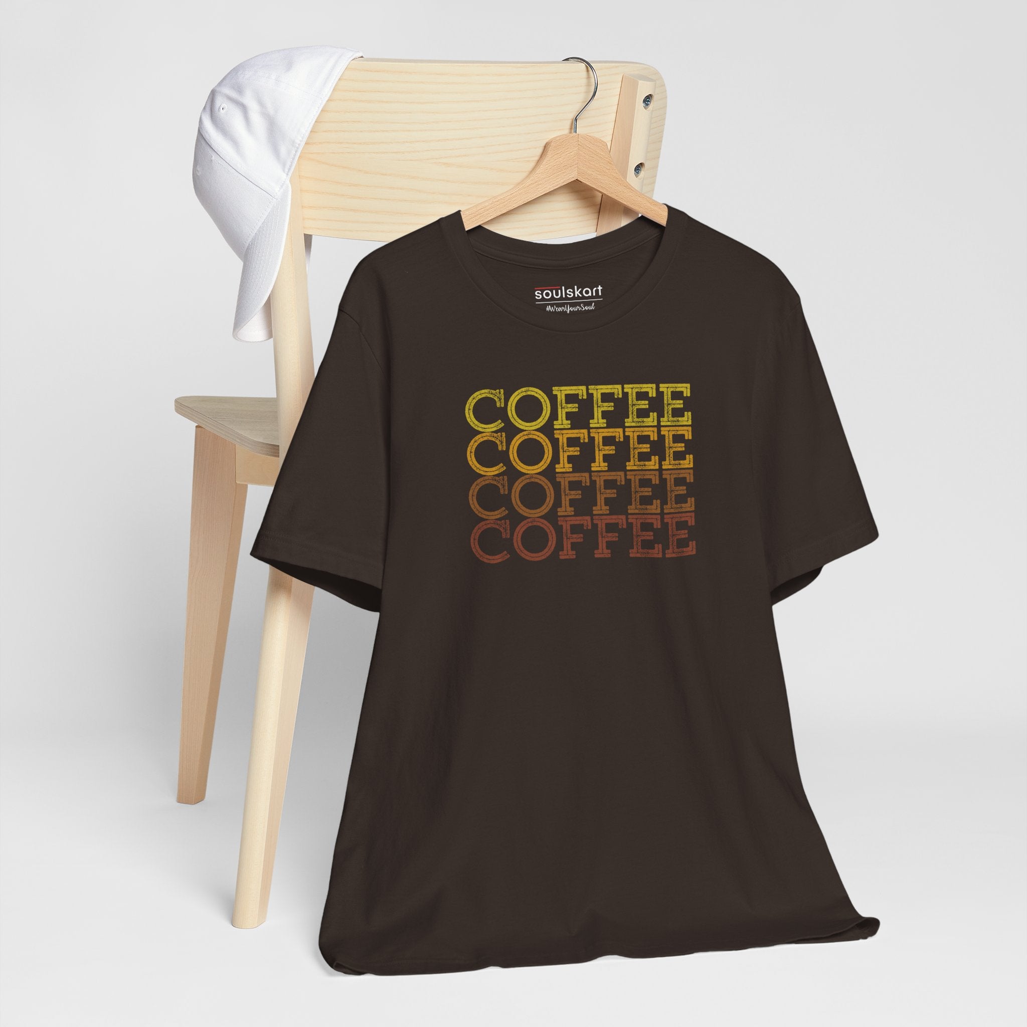 Brewed for Comfort coffee tee side view, brown unisex