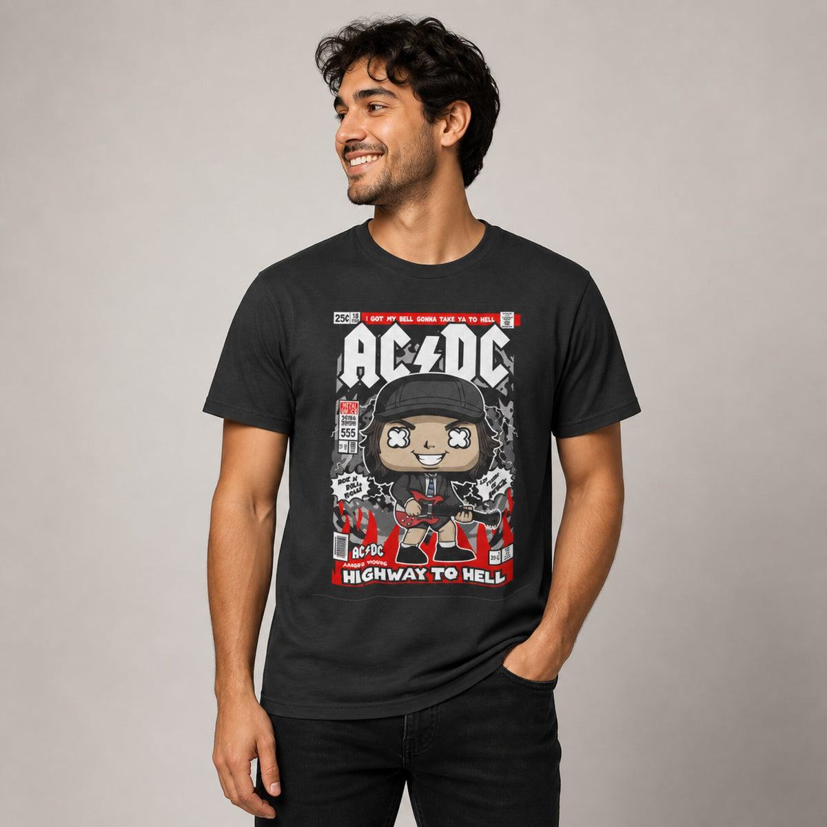 AC/DC Angus Young Pop Art Unisex T-Shirt — worn on model, front