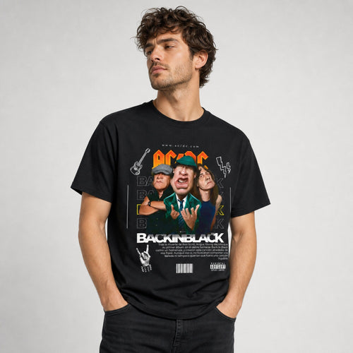 AC/DC "Back in Black" Vintage Rock Tee — worn on model, front