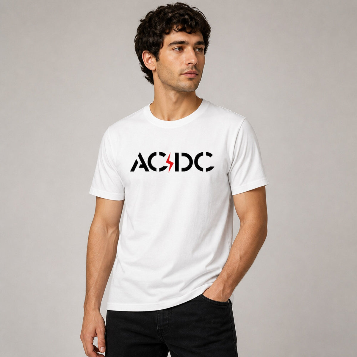 AC/DC Band Inspired Unisex T-Shirt — worn on model, front