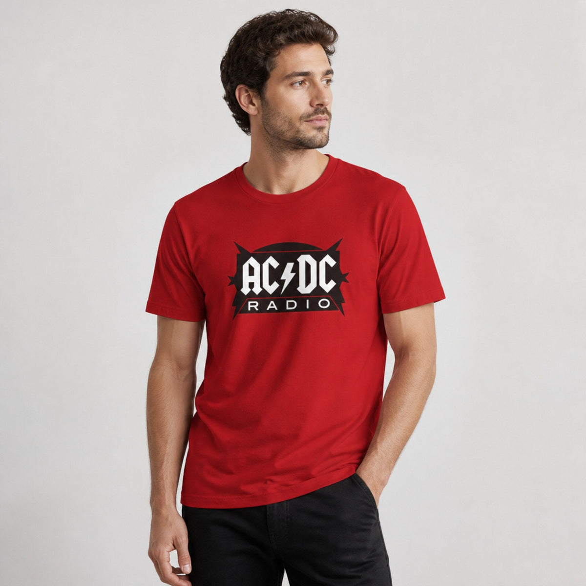 AC/DC Radio Band Print Tee — worn on model, front