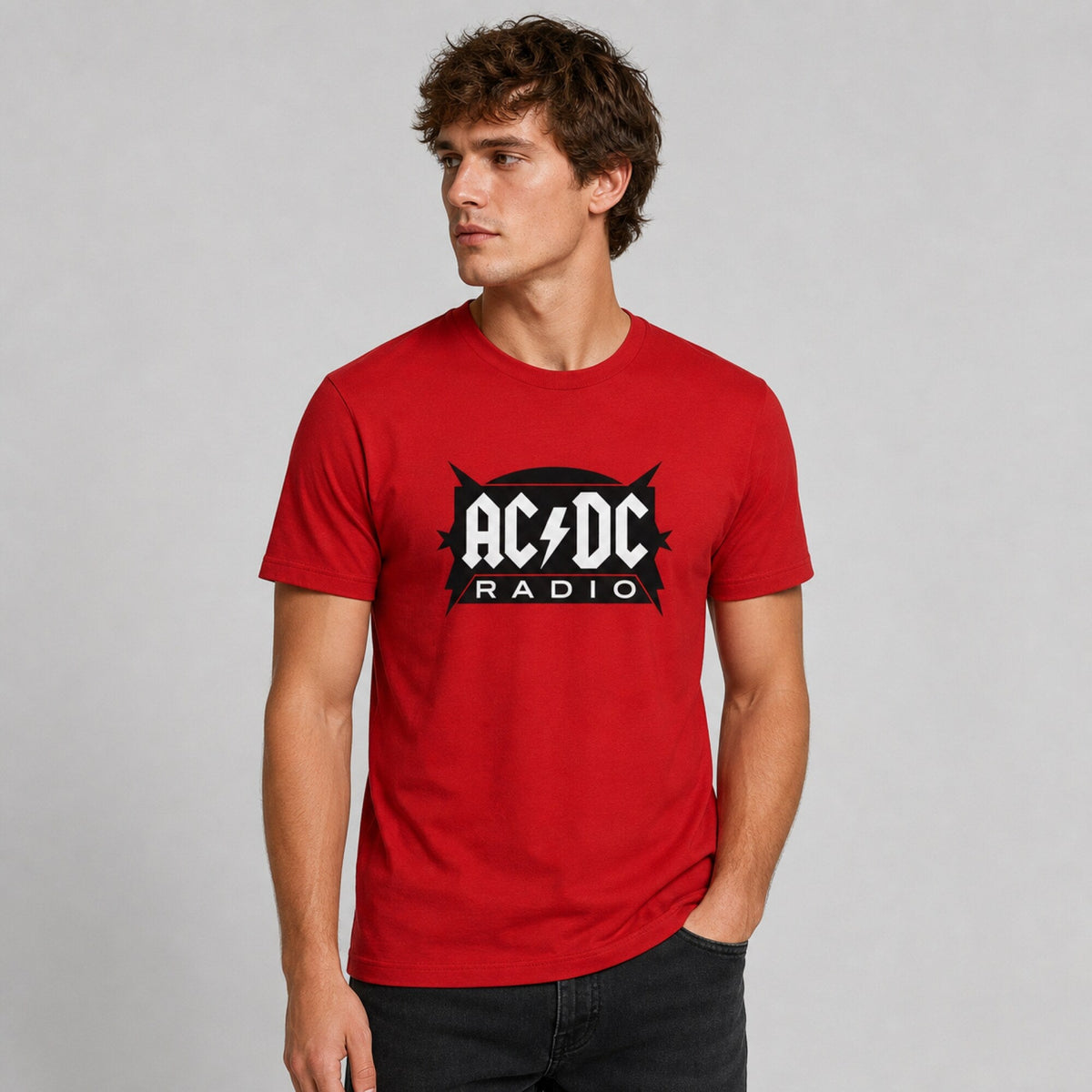 AC/DC Radio Tee — worn on model, front