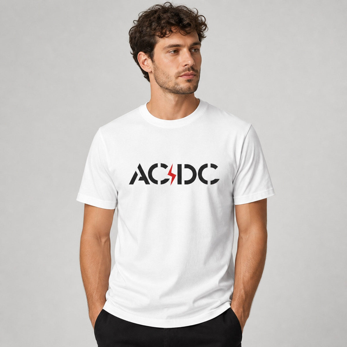 AC/DC Rock On Tee — worn on model, front