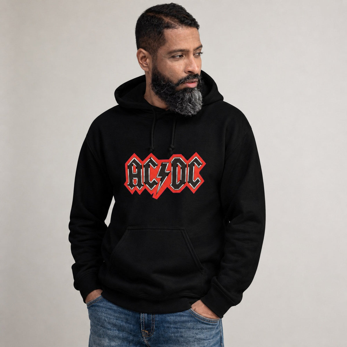AC/DC Outlined Logo Hoodie — Black — worn on model, front
