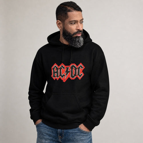 AC/DC Outlined Logo Hoodie — Black — worn on model, front