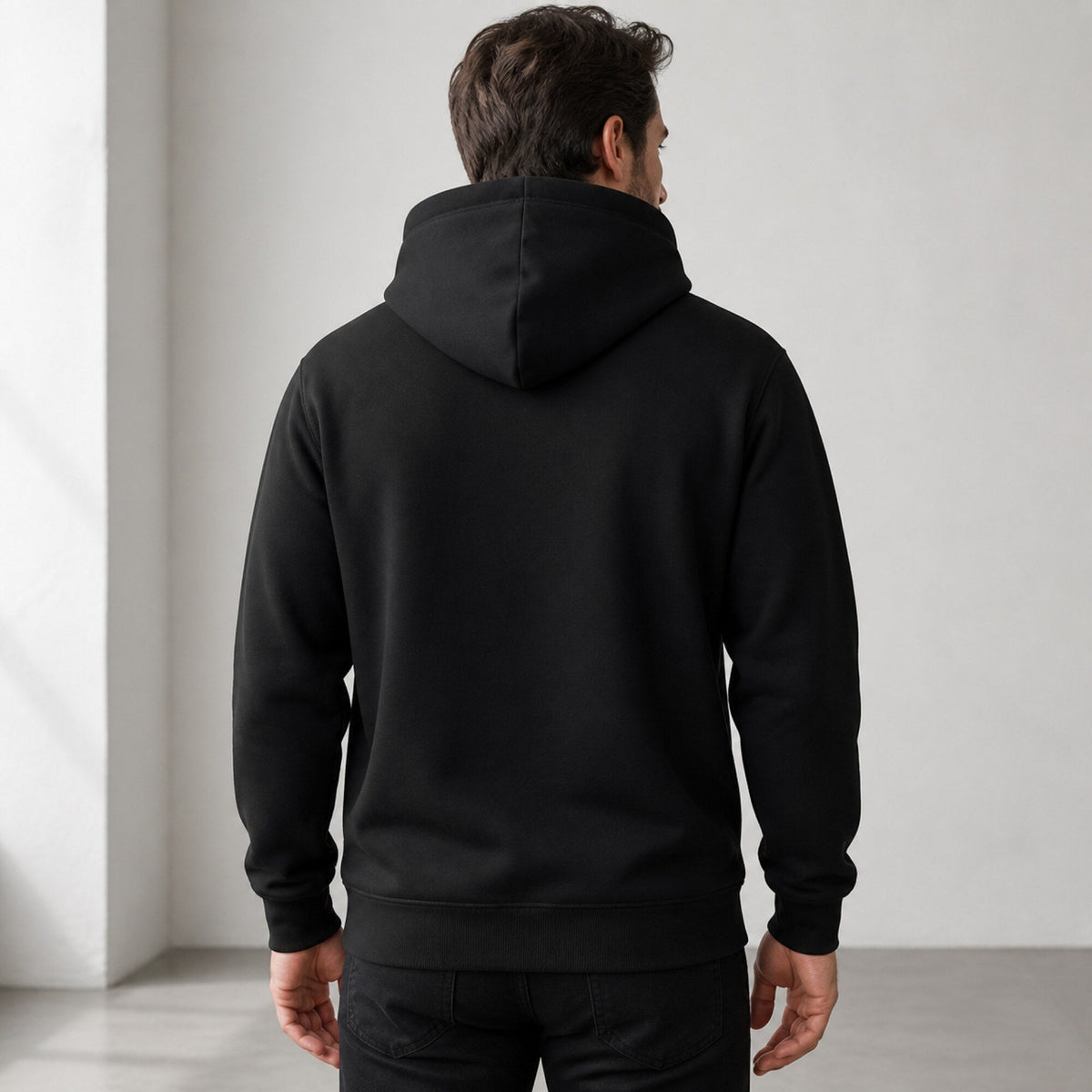 AC/DC Outlined Logo Hoodie — Black — worn on model, back