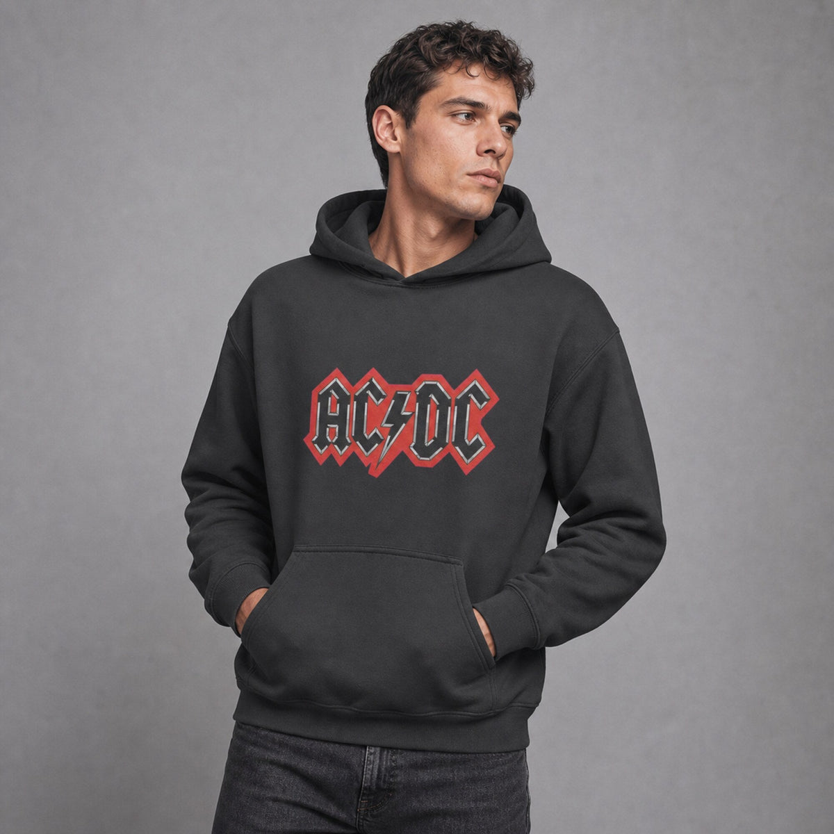 AC/DC Outlined Logo Hoodie — Charcoal — worn on model, front