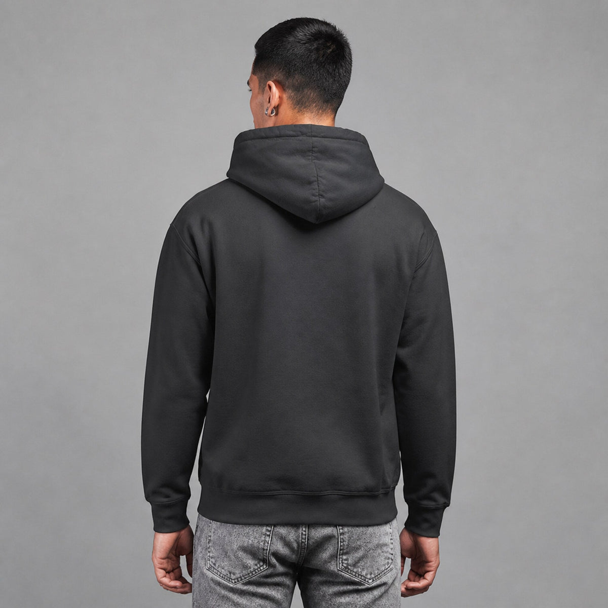AC/DC Outlined Logo Hoodie — Charcoal — worn on model, back