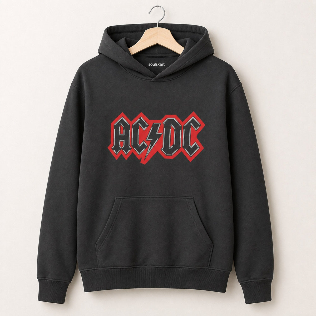 AC/DC Outlined Logo Hoodie — Charcoal — on hanger