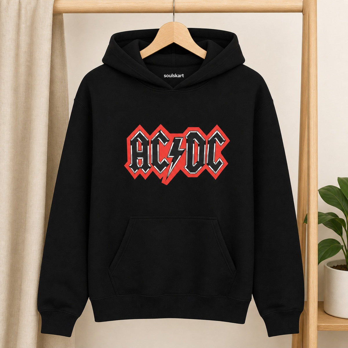 AC/DC Outlined Logo Hoodie — Black — on hanger