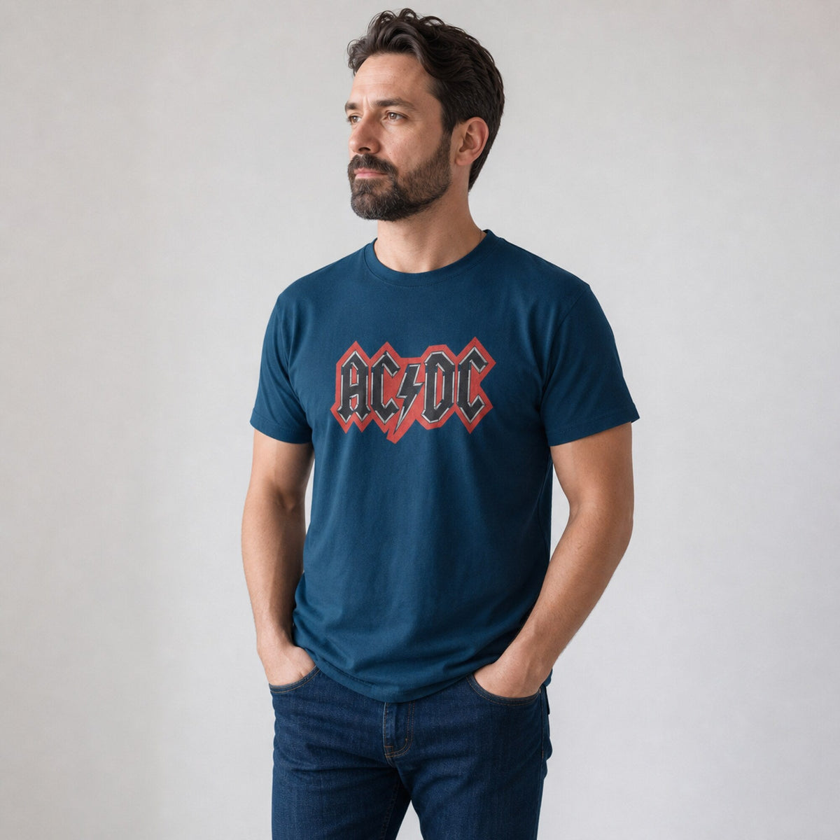 AC/DC Red Outline Logo Tee — Teal — worn on model, front