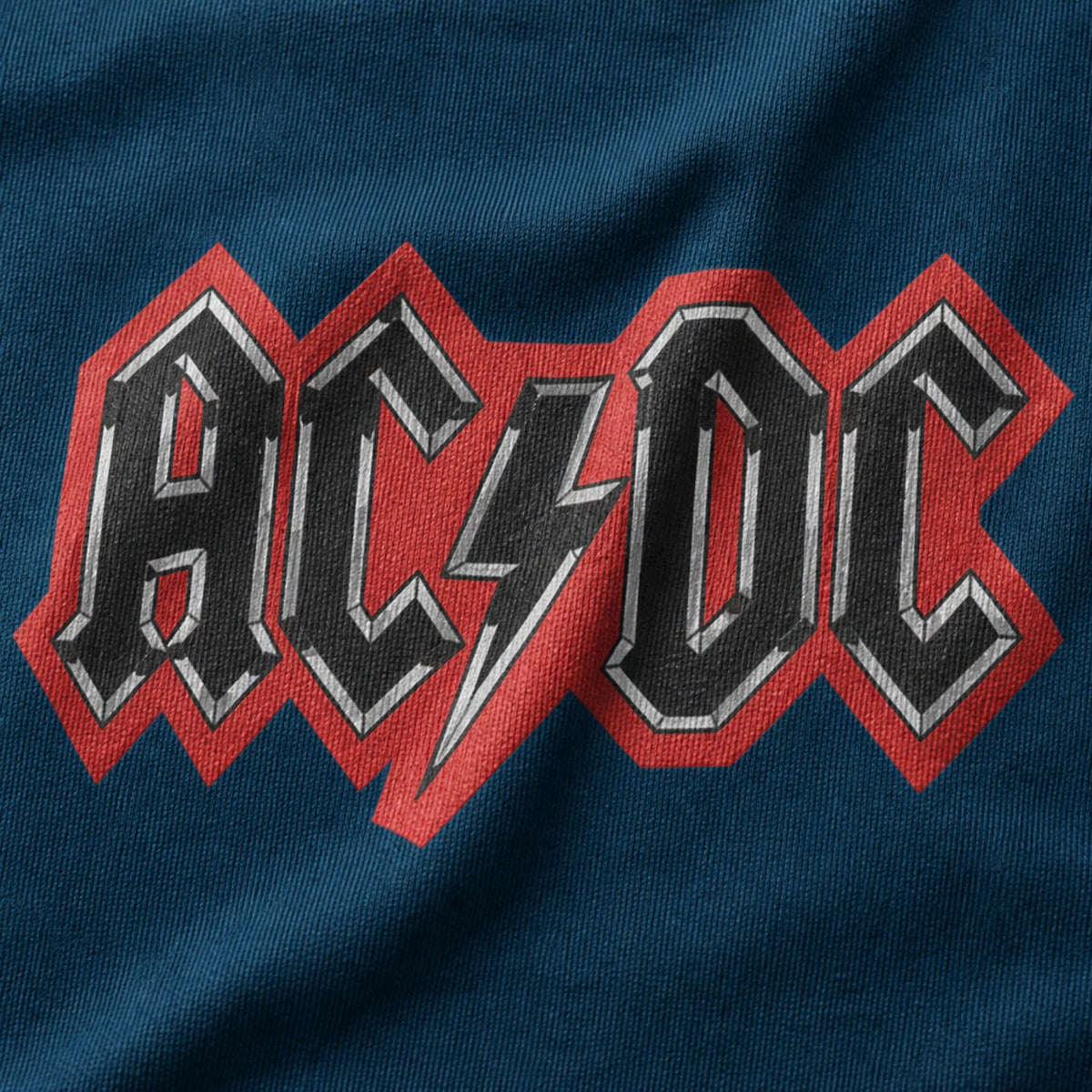 AC/DC Red Outline Logo Tee — Teal — print detail close-up