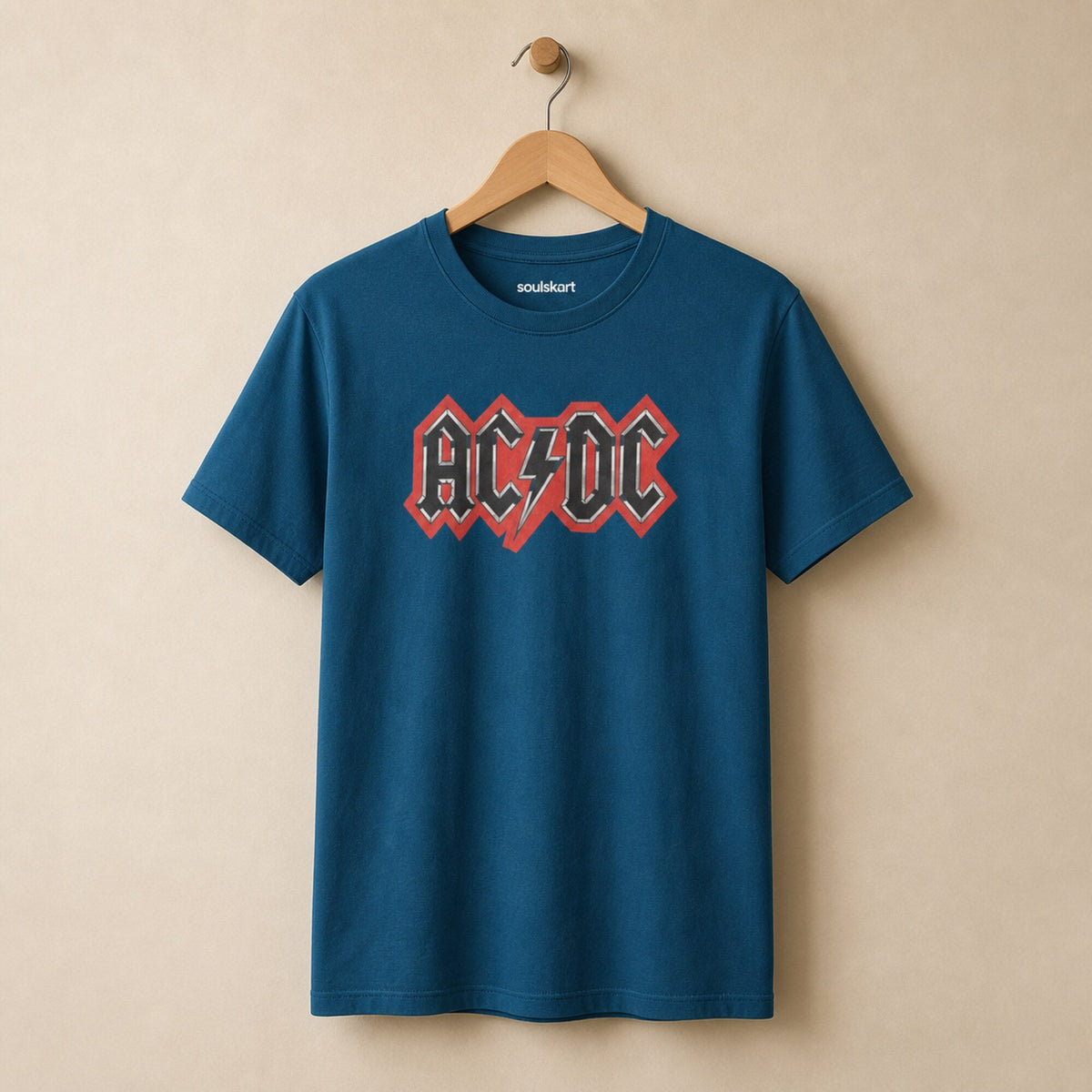 AC/DC Red Outline Logo Tee — Teal — on hanger