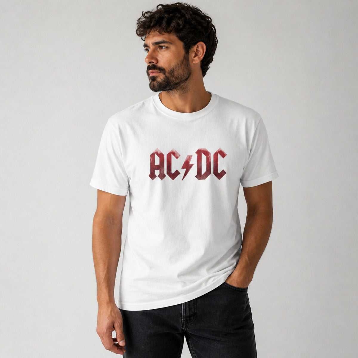 AC/DC Faded Red Logo Tee — White — worn on model, front