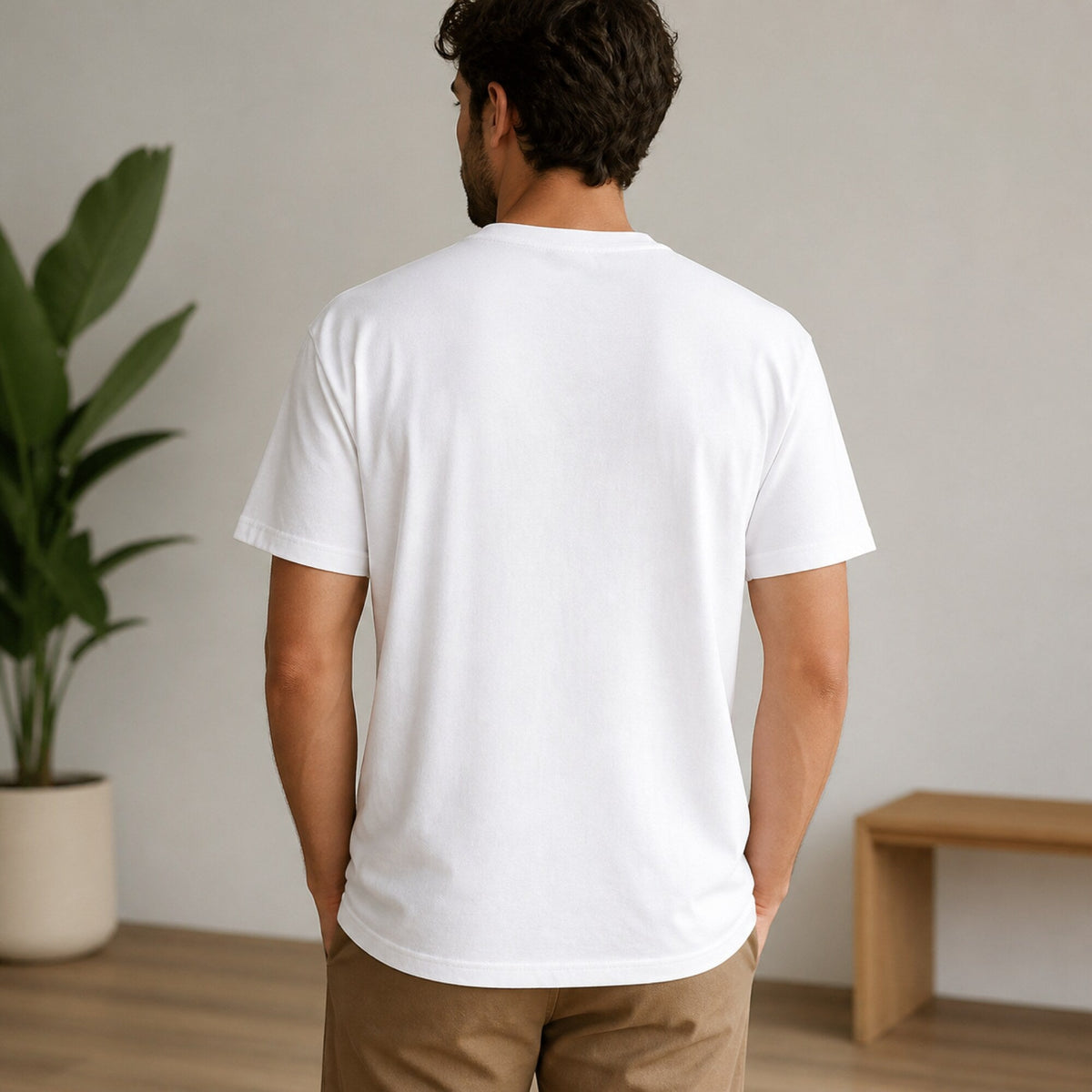 AC/DC Faded Red Logo Tee — White — worn on model, back